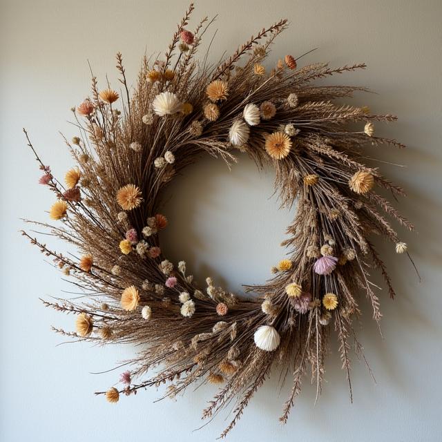 壁にかけられたドライフラワーのスワッグ
