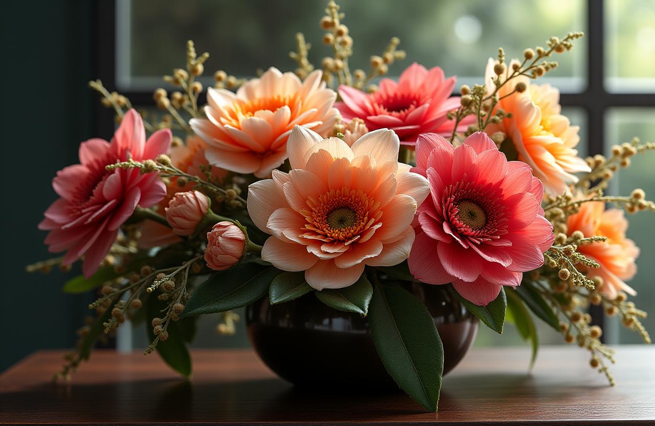 季節の花々を使った豪華なフラワーアレンジメント