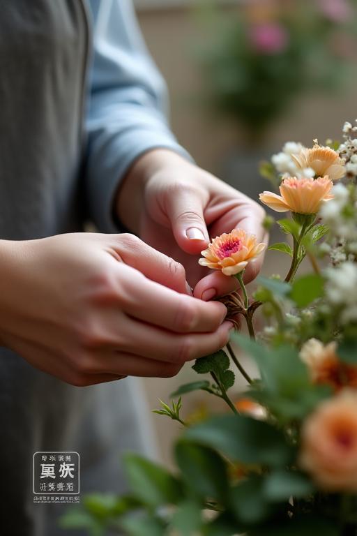 花を丁寧に扱うフローリストの手元