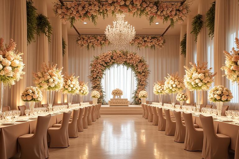 花で豪華に装飾された結婚式の披露宴会場