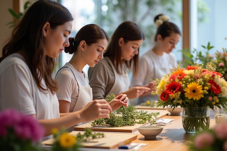 フラワーアレンジメントのワークショップを楽しむ参加者たち